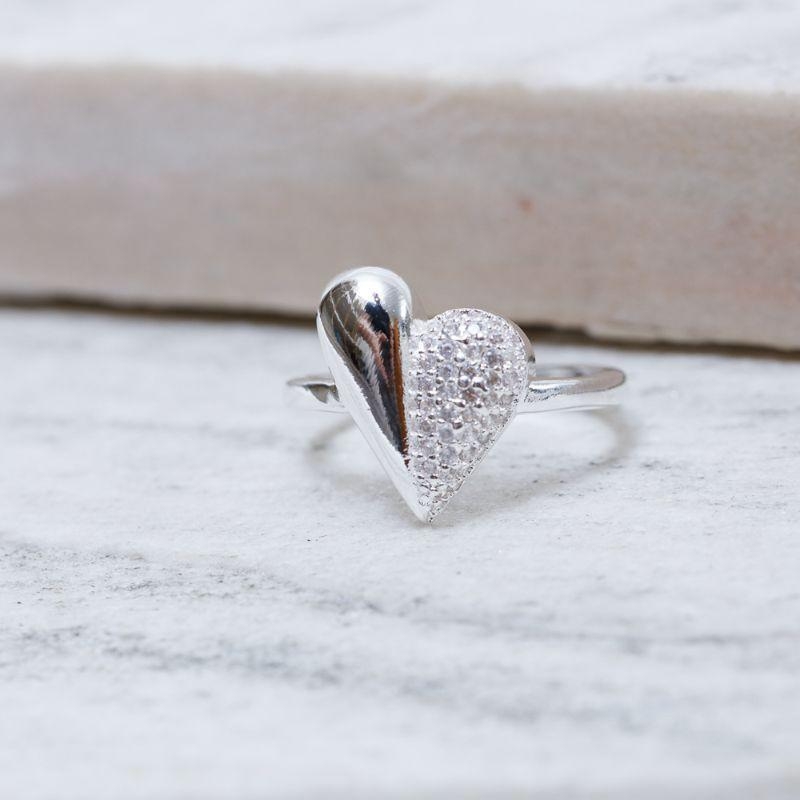 ANEL CORAÇÃO LISO E CRAVEJADO BANHO PRATA