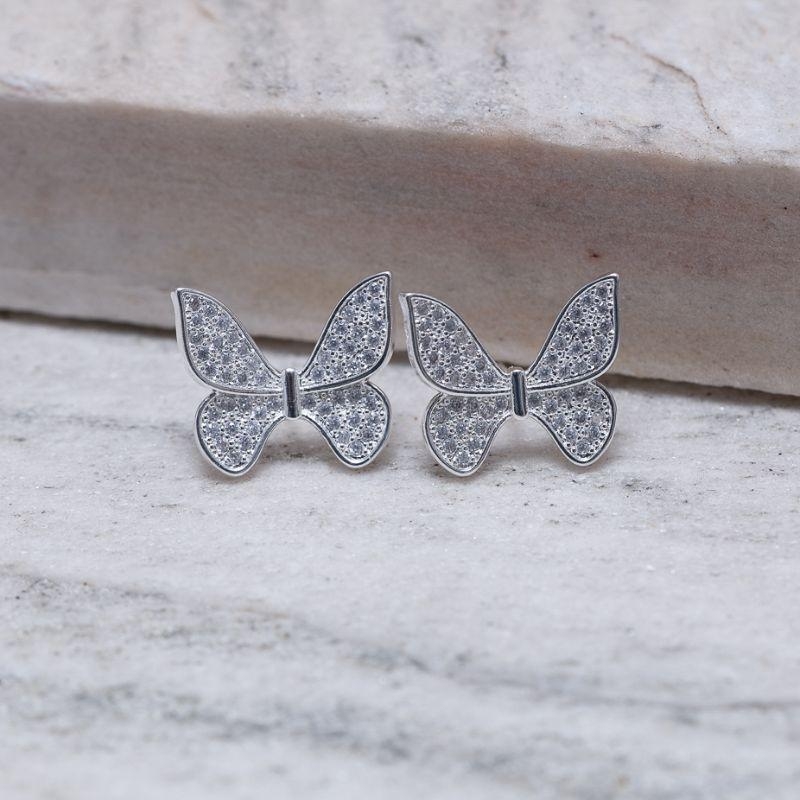 BRINCO BORBOLETA CRAVEJADA BANHO PRATA