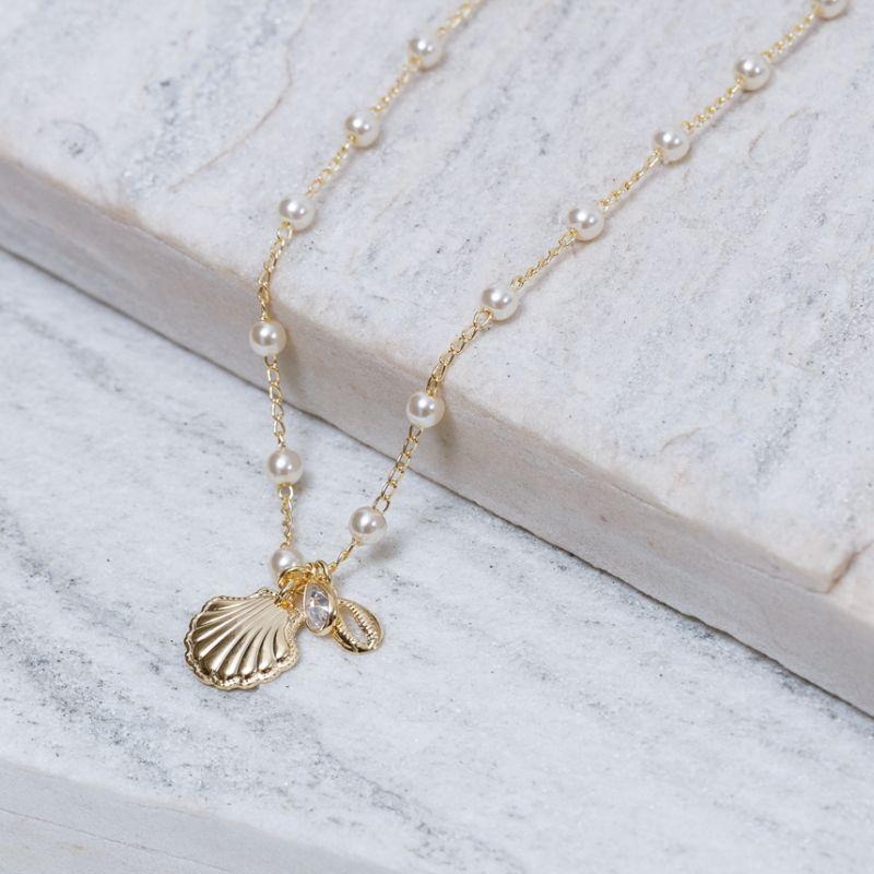 COLAR PÉROLA COM PINGENTES DO MAR BANHO OURO 18K
