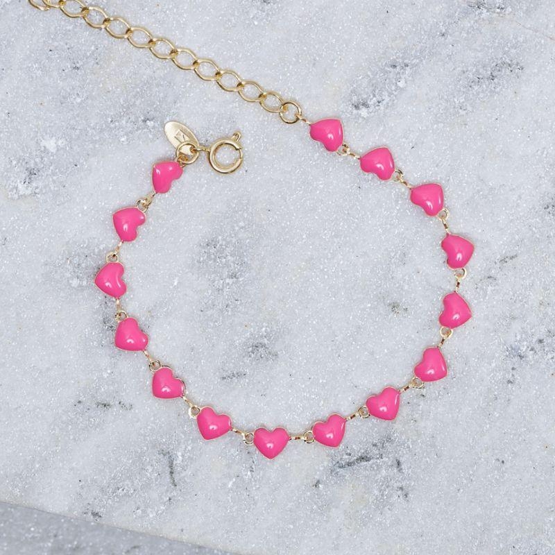 PULSEIRA CORAÇÕES ESMALTADOS PINK BANHO OURO 18K