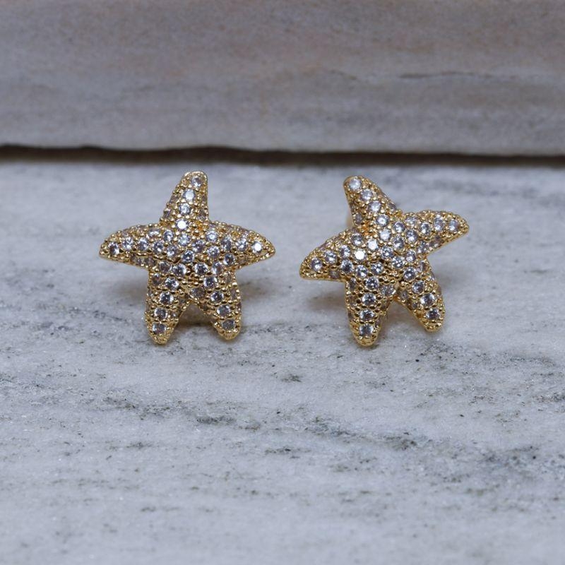BRINCO ESTRELA DO MAR PP CRAVEJADO BANHO OURO 18K