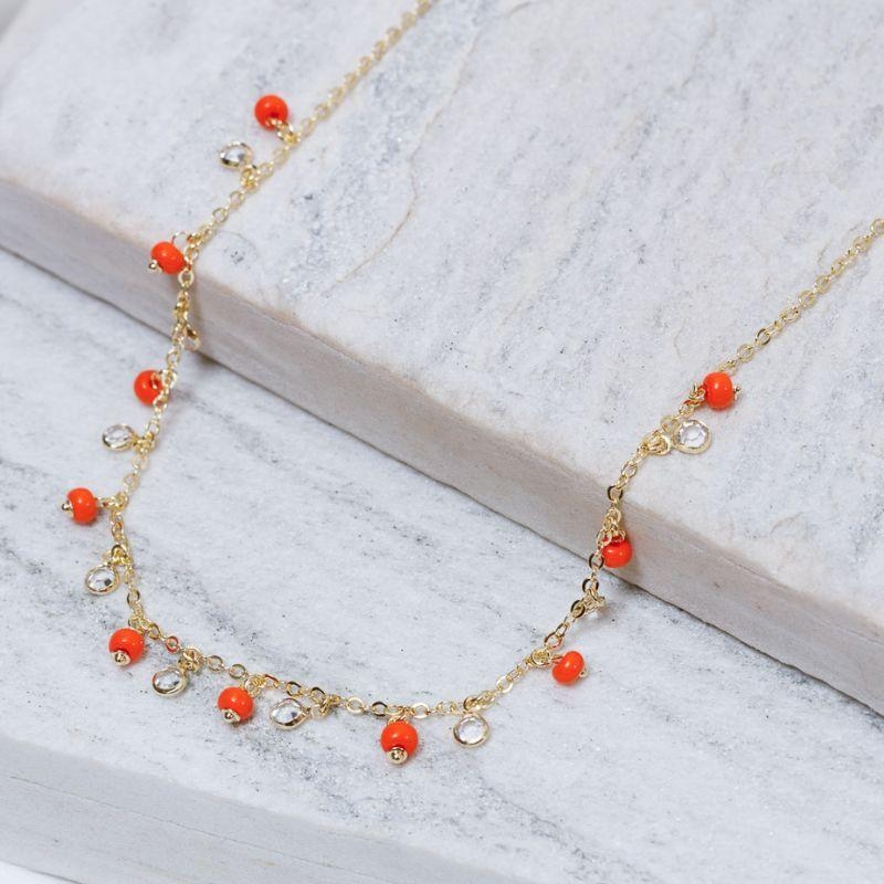 CHOKER BOLINHAS LARANJA COM CRISTAIS BANHO OURO 18K