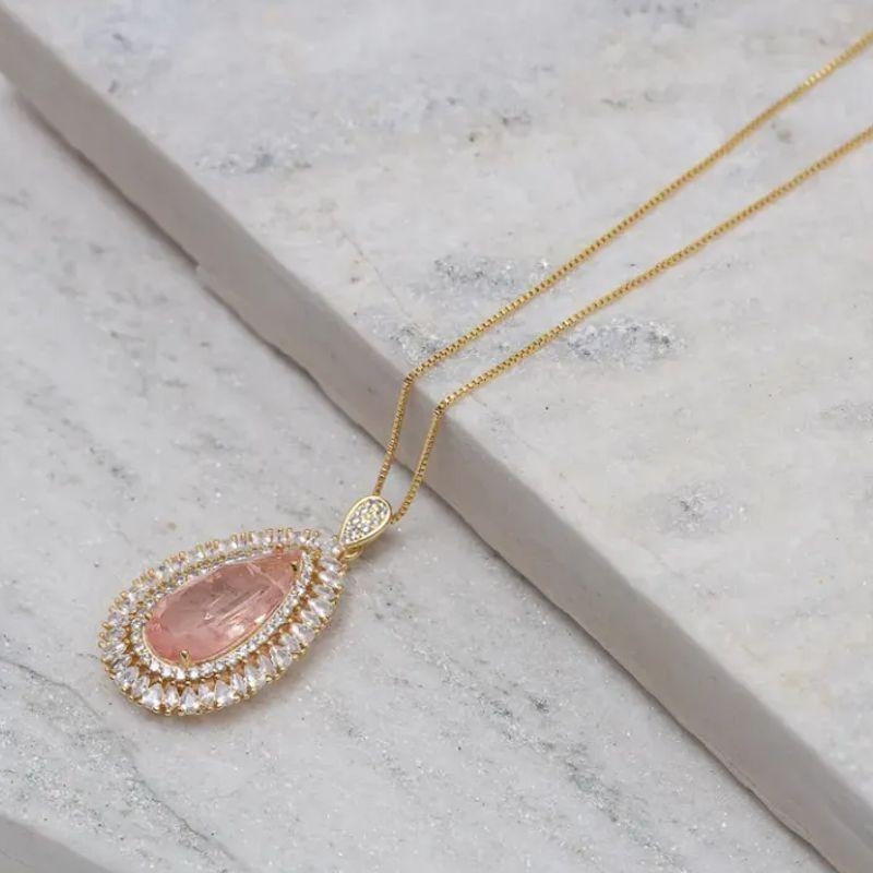 COLAR GOTA COM ZIRCÔNIAS E PEDRA SALMÃO M BANHO OURO 18K