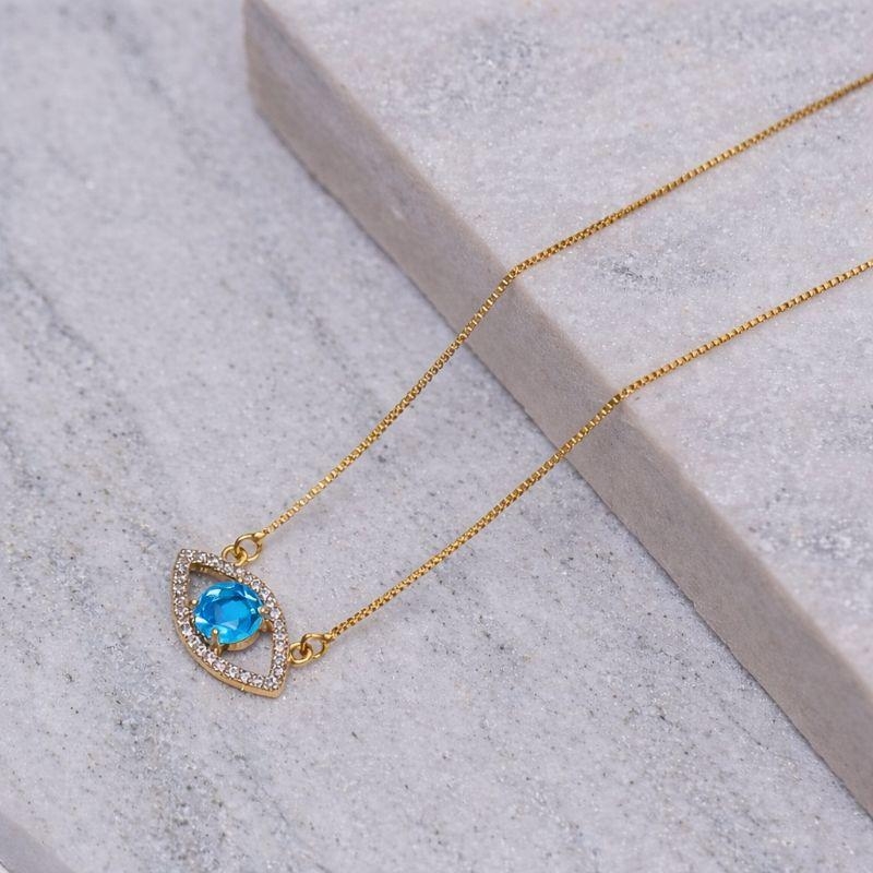 COLAR OLHO GREGO COM PEDRA AZUL CLARO BANHO OURO 18K