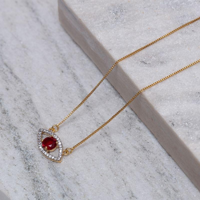 COLAR OLHO GREGO COM PEDRA VERMELHO RUBI BANHO OURO 18K