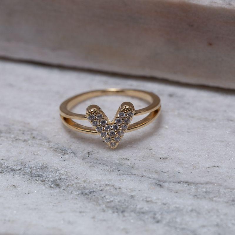 ANEL ARO DUPLO COM CORAÇÃO CRAVEJADO BANHO OURO 18K