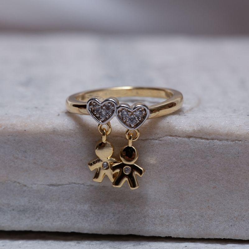 ANEL FILHOS DOIS MENINOS DOIS CORAÇÕES BANHO OURO 18K