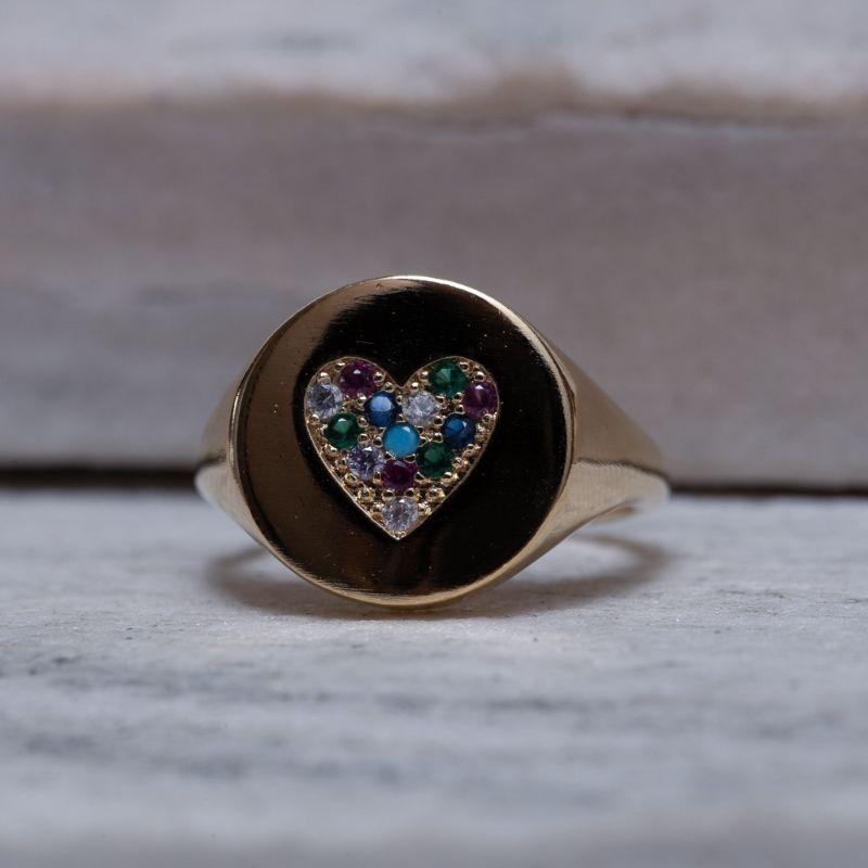 ANEL CORAÇÃO COM ZIRCÔNIAS COLORIDAS BANHO OURO 18K