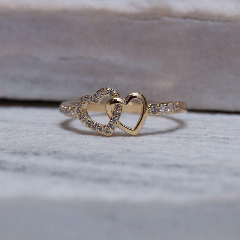 ANEL CORAÇÃO DUPLO DELICADO BANHO OURO 18K