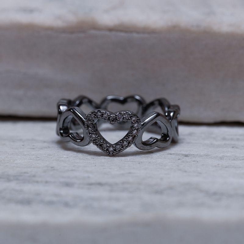 ANEL CORAÇÕES VAZADOS E COM ZIRCÔNIA BANHO RÓDIO NEGRO