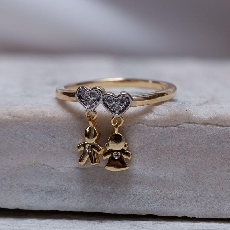 ANEL FILHOS CASAL DOIS CORAÇÕES BANHO OURO 18K