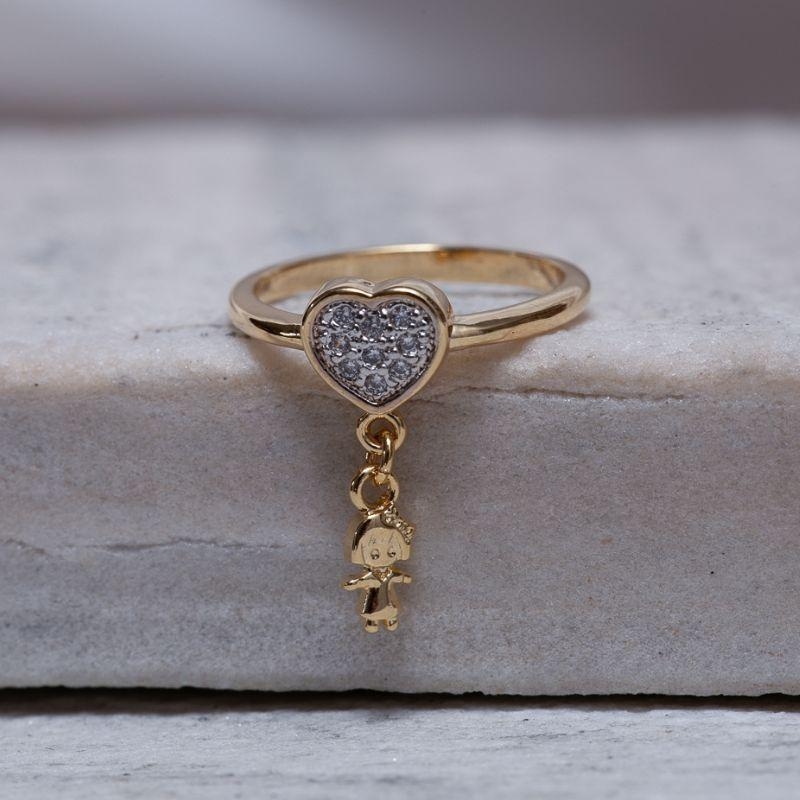 ANEL FILHOS MENINA CORAÇÃO CRAVEJADO BANHO OURO 18K