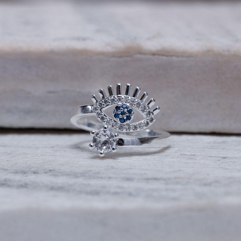 ANEL OLHO GREGO COM ZIRCÔNIA AZUL ESCURO BANHO PRATA
