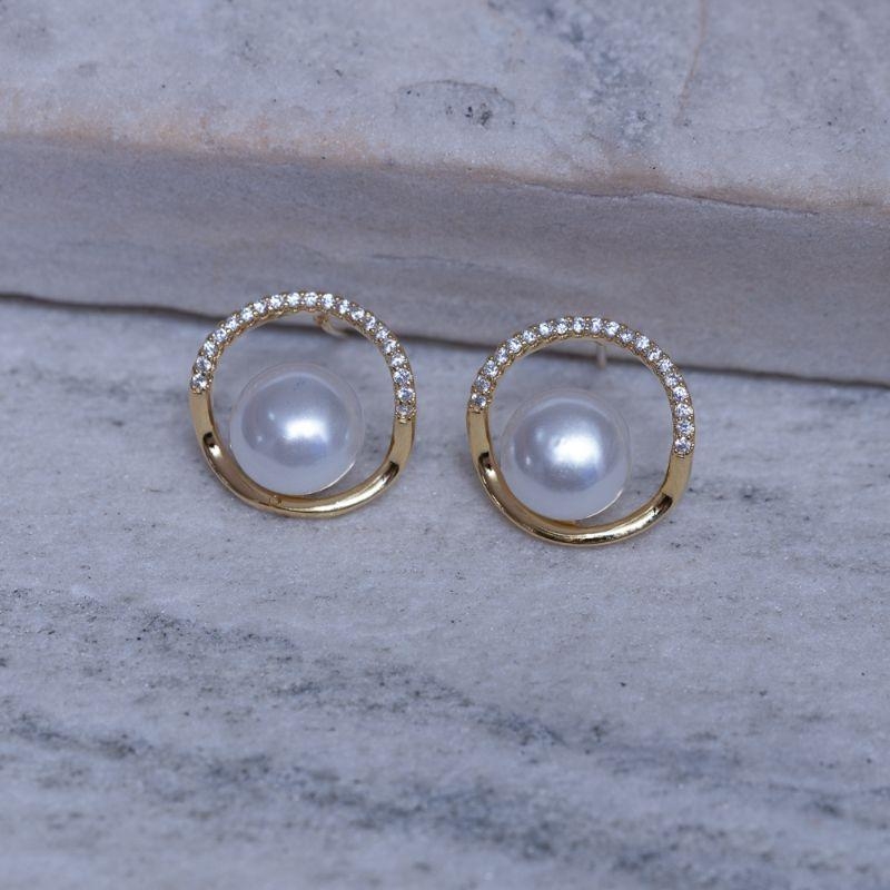 BRINCO ARO COM ZIRCÔNIAS E PÉROLA BANHO OURO 18K