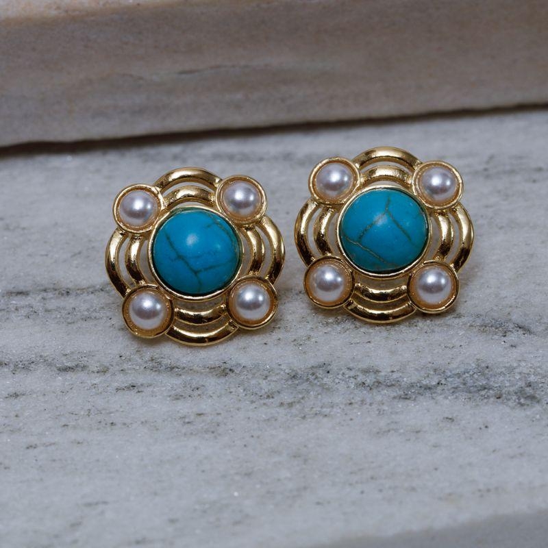 BRINCO FLOR DE CRISÂNTEMO TURQUESA BANHO OURO 18K