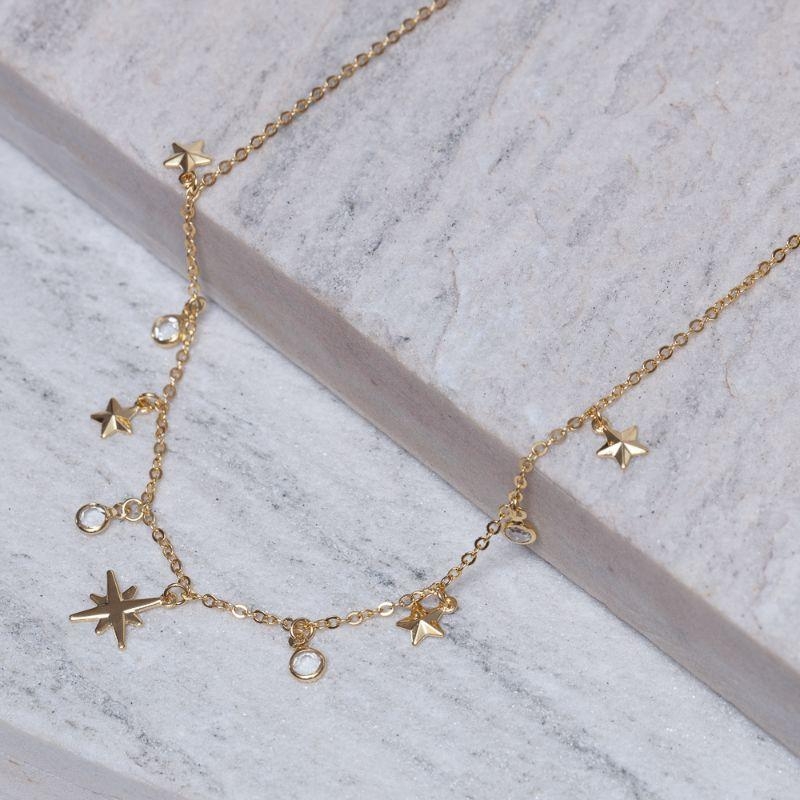 CHOKER ESTRELINHAS E CRISTAIS BANHO OURO 18K