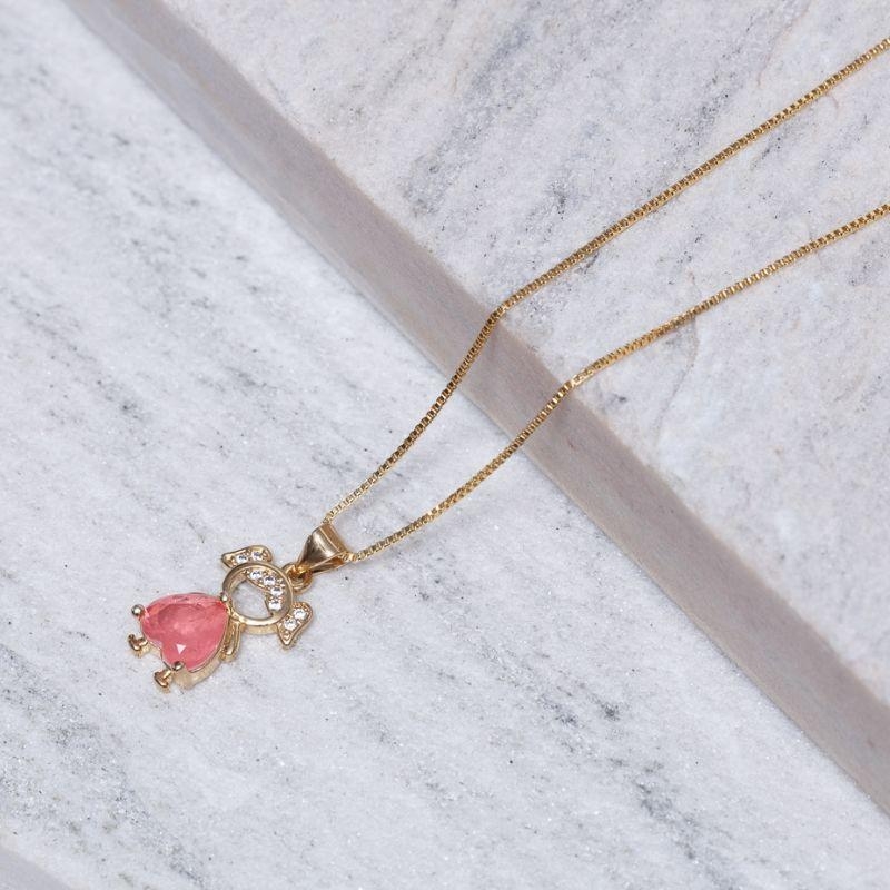 COLAR FILHOS MENINA COM PEDRA GOIABA BANHO OURO 18K