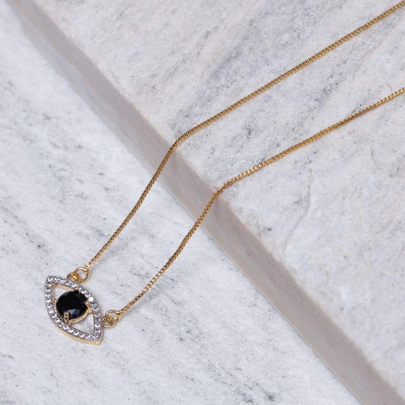 COLAR OLHO GREGO COM PEDRA NEGRA BANHO OURO 18K