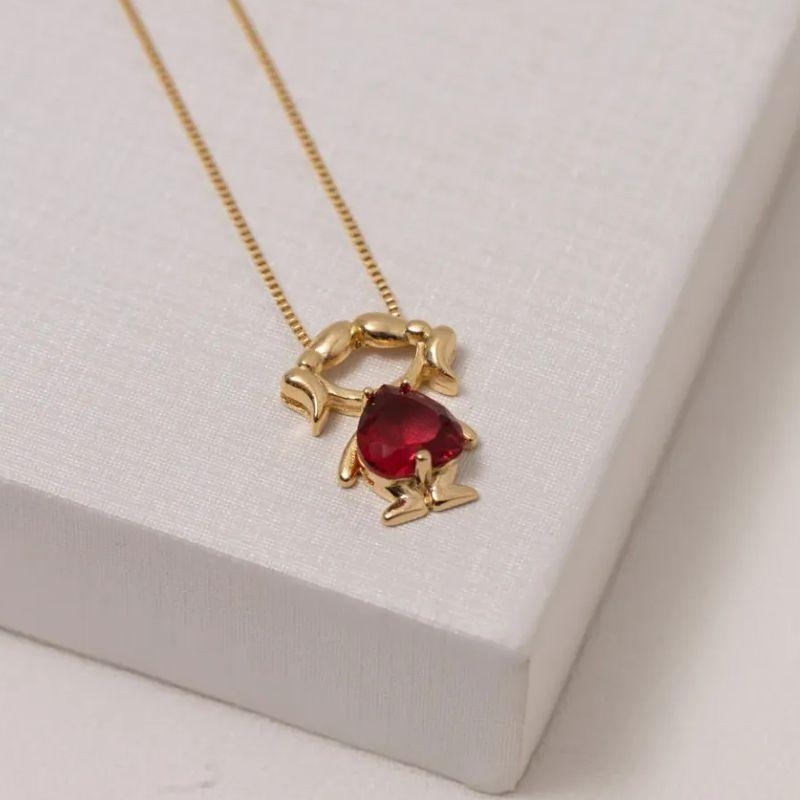 COLAR FILHA MENINA COM PEDRA VERMELHO RUBI BANHO OURO 18K