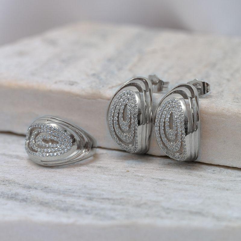 CONJUNTO ANEL E BRINCO CRAVEJADO COM ZIRCÔNIAS BANHO RÓDIO BRANCO