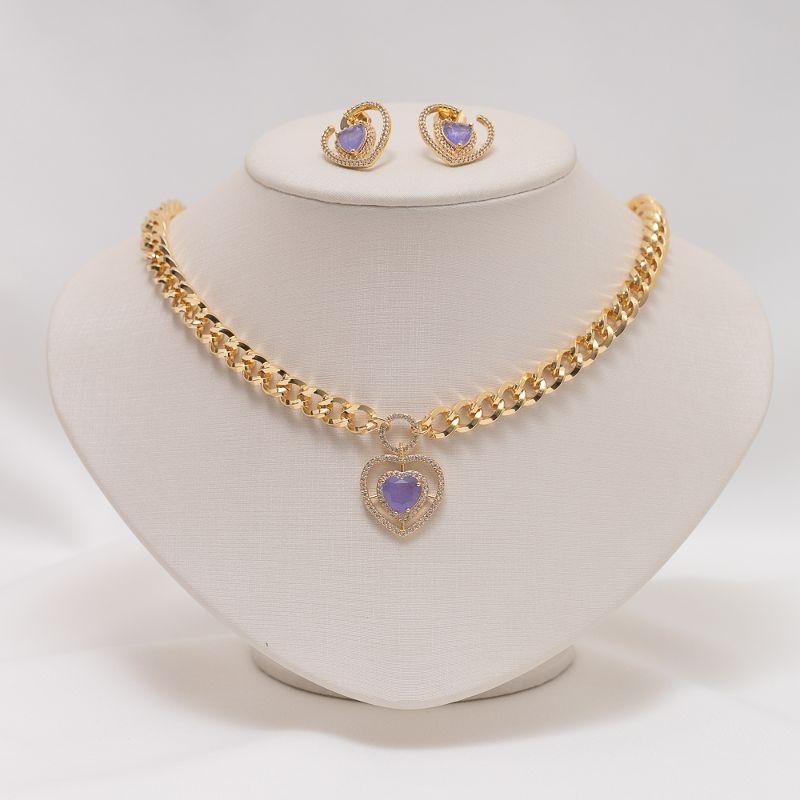CONJUNTO CORAÇÃO ZIRCÔNIA ROXA BANHO OURO 18K