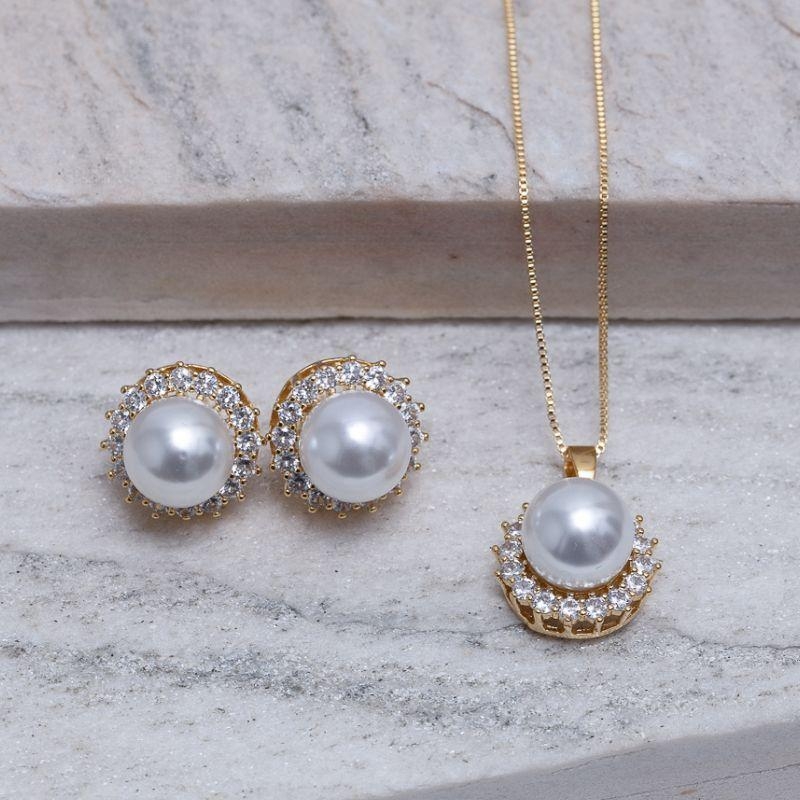 CONJUNTO PÉROLA G COM ZIRCÔNIAS BANHO OURO 18K