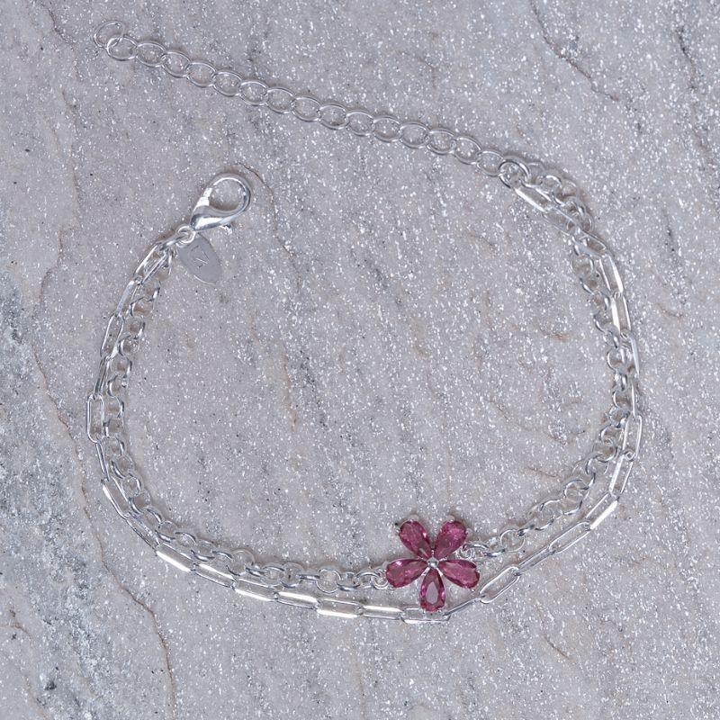 PULSEIRA DUPLA COM FLORZINHA PINK BANHO PRATA