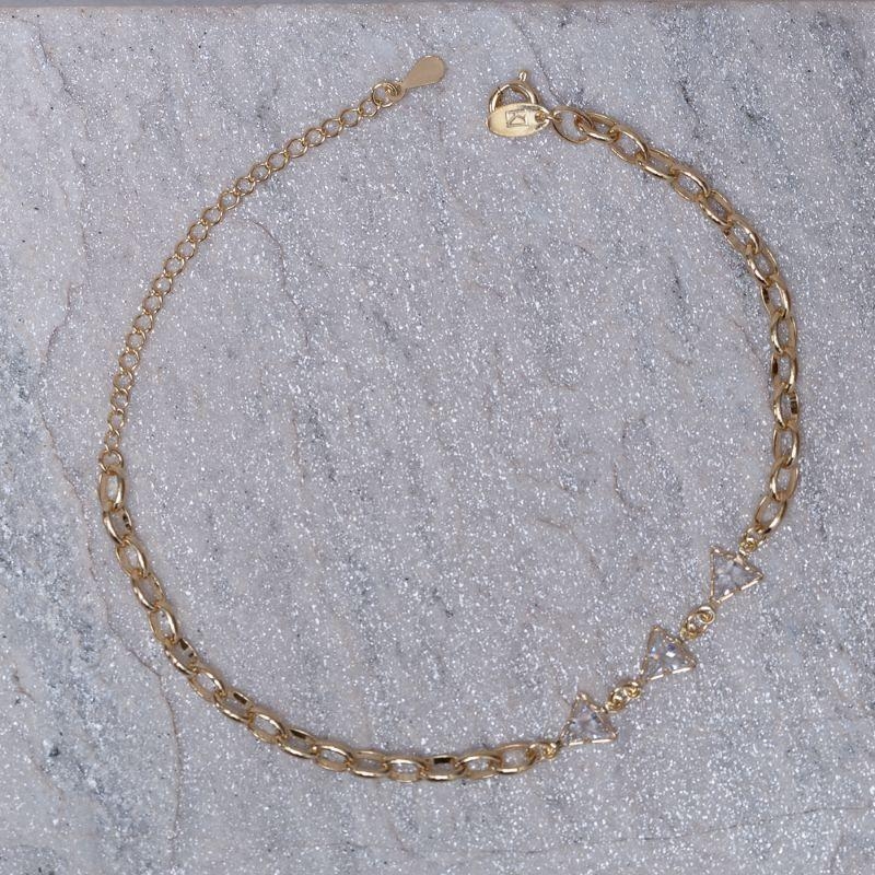 PULSEIRA ELOS OVAIS E TRIÂNGULOS CRISTAIS BANHO OURO 18K