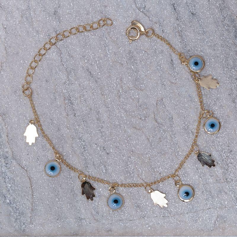 PULSEIRA OLHO GREGO E MÃO DE FÁTIMA BANHO OURO 18K