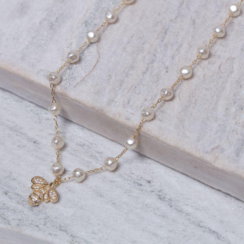 CHOKER PÉROLA COM LIBÉLULA EM ZIRCÔNIA BANHO OURO 18K