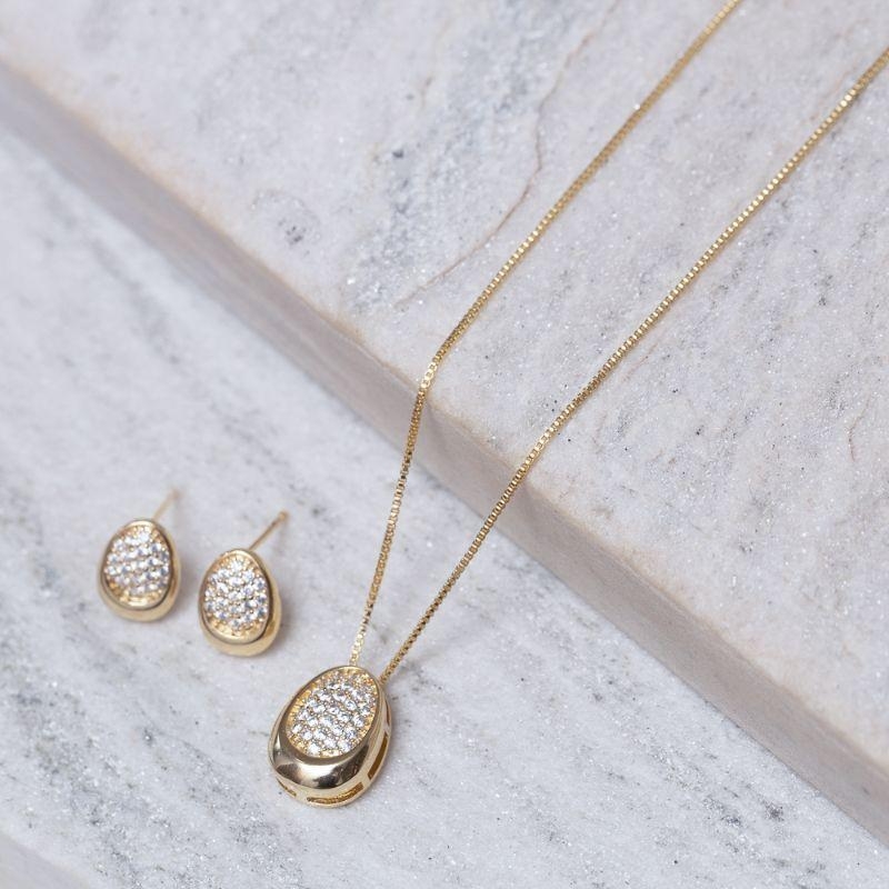 CONJUNTO GOTA ORGÂNICA ZIRCÔNIA CRISTAL BANHO OURO 18K