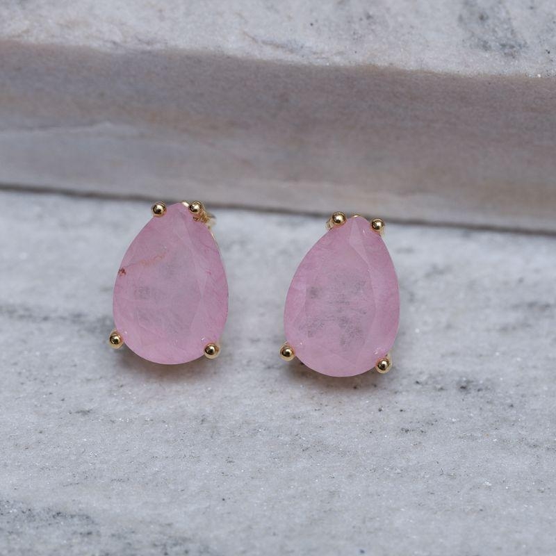 BRINCO GOTA COM PEDRA ROSA IOGURTE BANHO OURO 18K