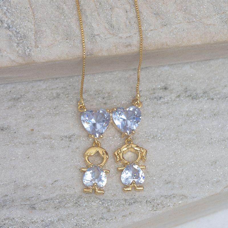 COLAR FILHOS CASAL COM PEDRA CRISTAL BANHO OURO 18K