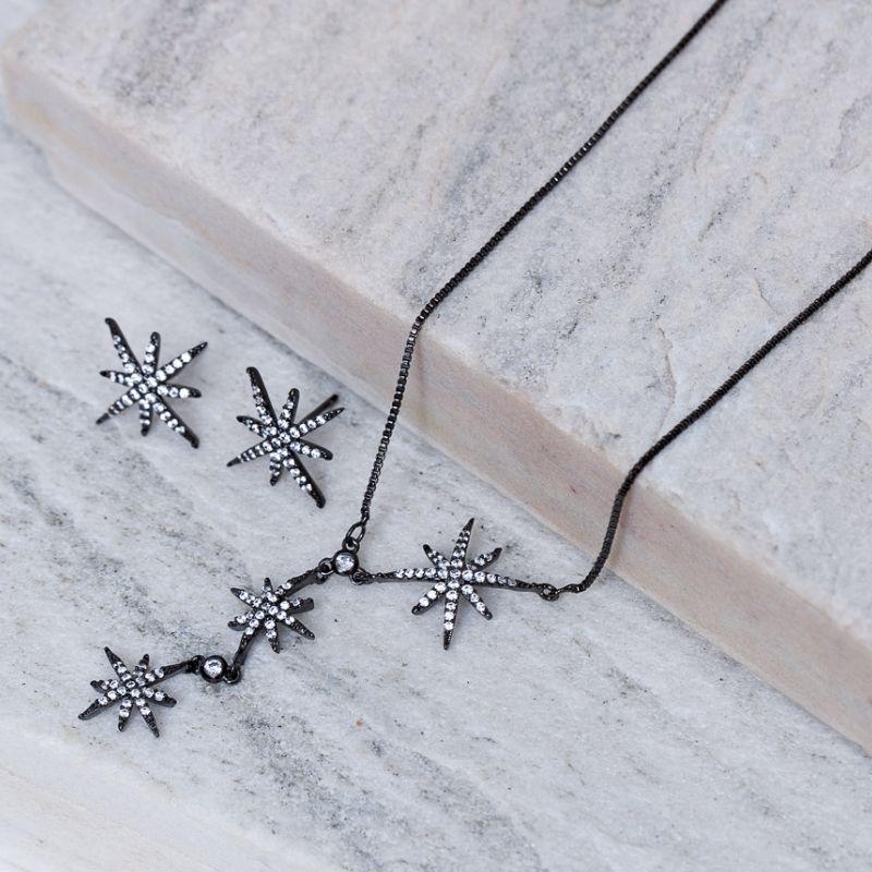 CONJUNTO ESTRELAS CRAVEJADAS BANHO RÓDIO NEGRO