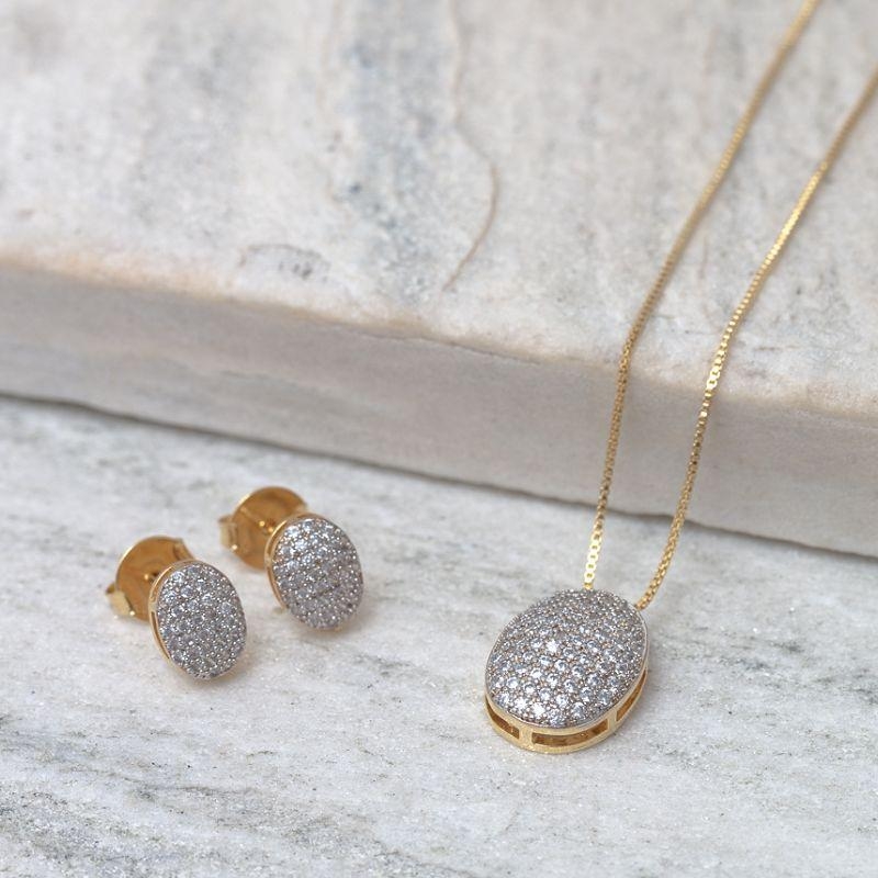 CONJUNTO BRINCO E COLAR OVAL COM CANETA RÓDIO BRANCO BANHO OURO 18K