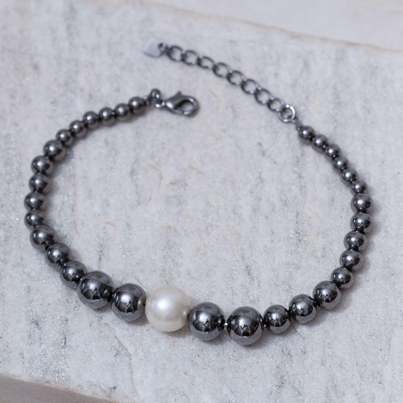 PULSEIRA BOLINHAS COM PERÓLA BANHO RÓDIO NEGRO