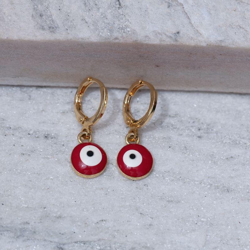 BRINCO ARGOLINHA OLHO GREGO VERMELHO BANHO OURO 18K