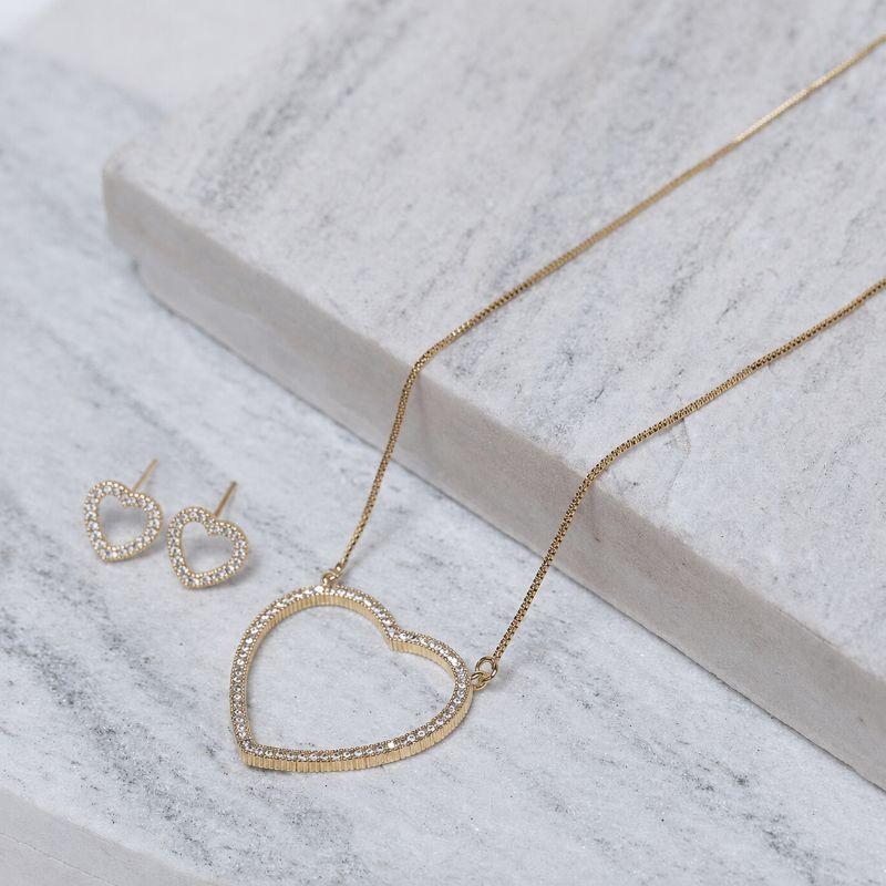 CONJUNTO CORAÇÃO CRAVEJADO CRISTAL BANHO OURO 18K