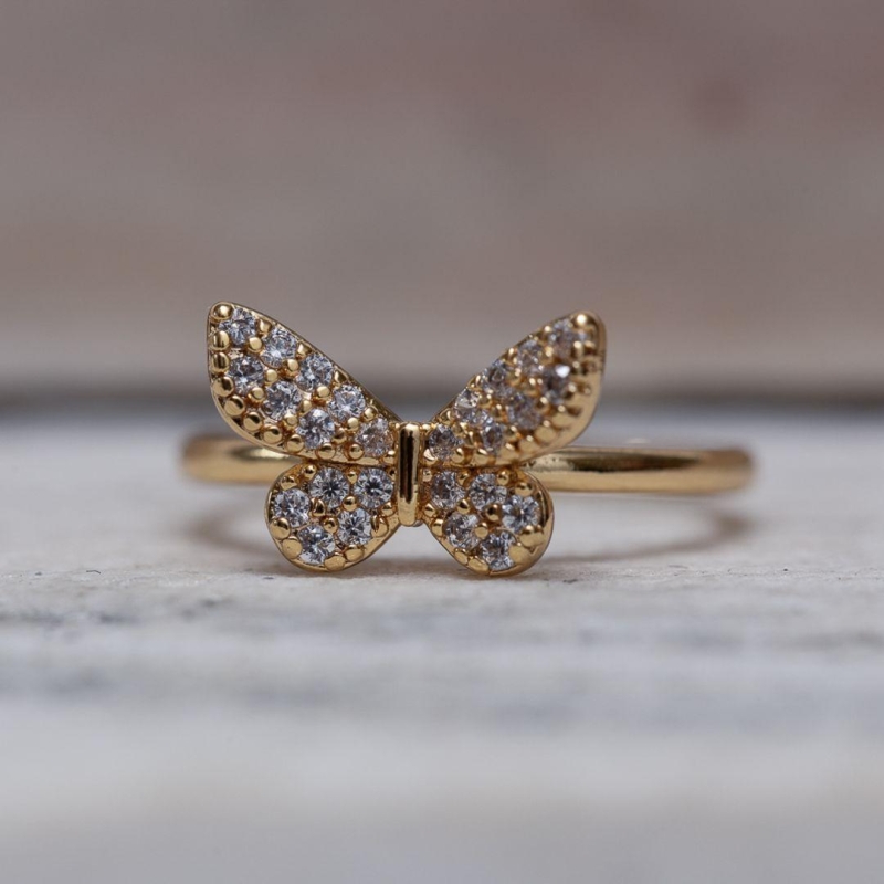 ANEL BORBOLETA CRAVEJADA CT BANHO OURO 18K
