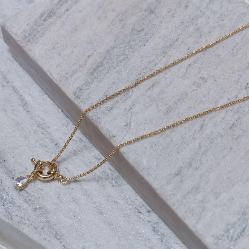 COLAR FECHO BOIA E GOTA CRISTAL BANHO OURO 18K