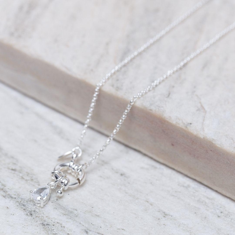 COLAR FECHO BOIA E GOTA CRISTAL BANHO PRATA