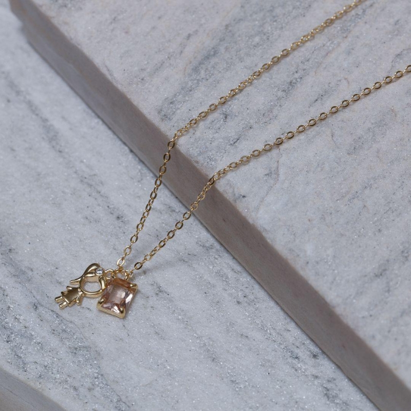 COLAR FILHOS MENINA COM PEDRA ROSA BANHO OURO 18K