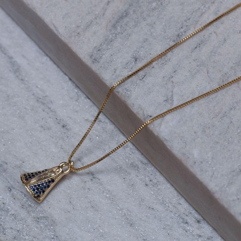COLAR NOSSA SENHORA G MANTO AZUL BANHO OURO 18K