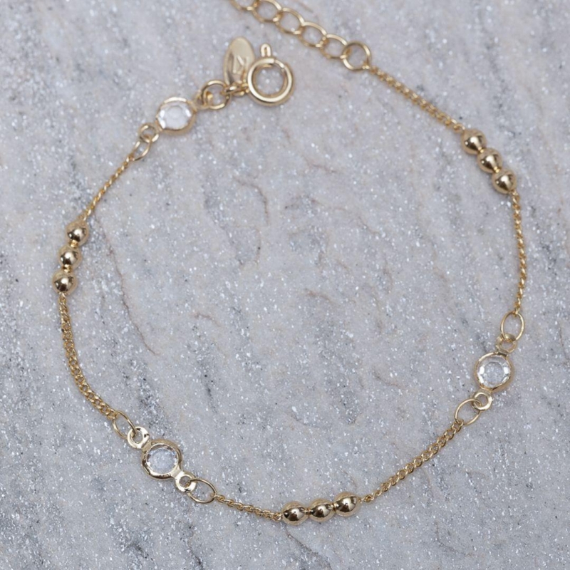 PULSEIRA BOLINHAS E CRISTAIS BANHO OURO 18K