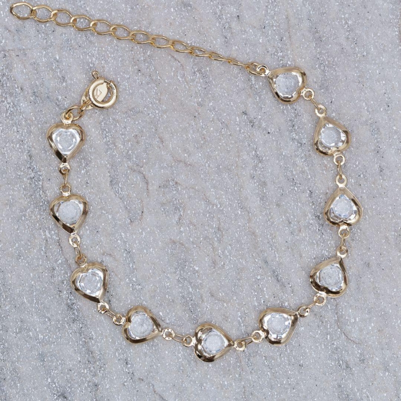 PULSEIRA CORAÇÃO COM PEDRAS CRISTAIS BANHO OURO 18K