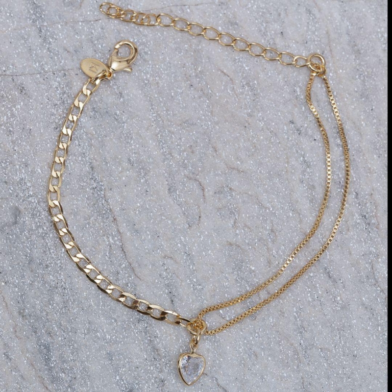 PULSEIRA DUPLA COM CORAÇÃO CRISTAL BANHO OURO 18K