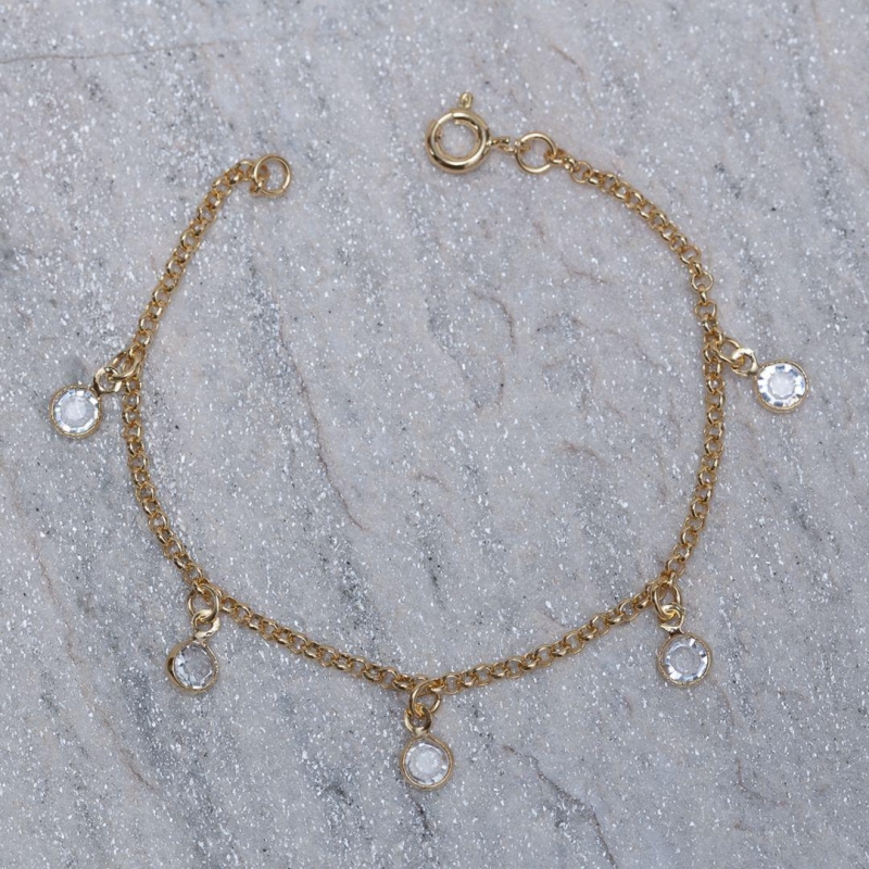 PULSEIRA INFANTIL PEDRAS CRISTAIS BANHO OURO 18K