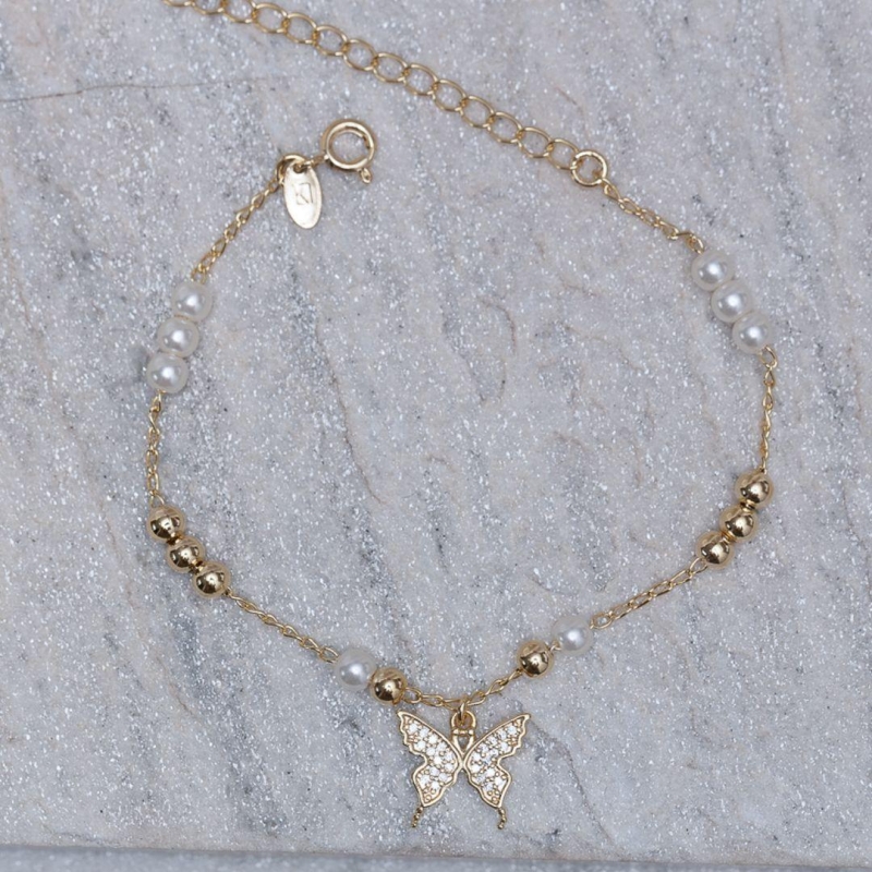 PULSEIRA PÉROLAS E BORBOLETA BANHO OURO 18K