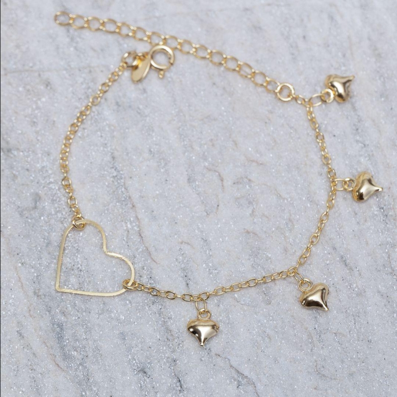 PULSEIRA PINGENTES CORAÇÕES BANHO OURO 18K