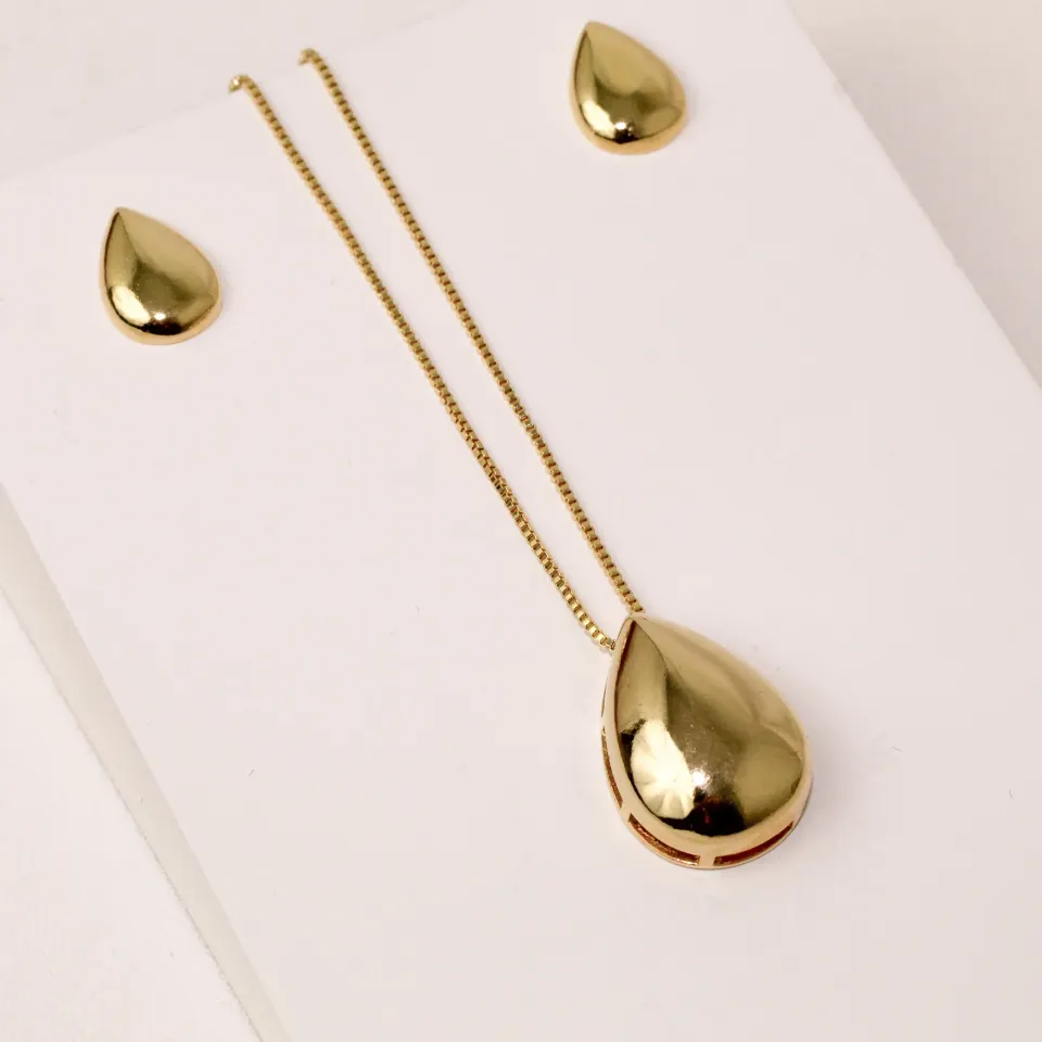 CONJUNTO GOTA LISO BANHO OURO 18K